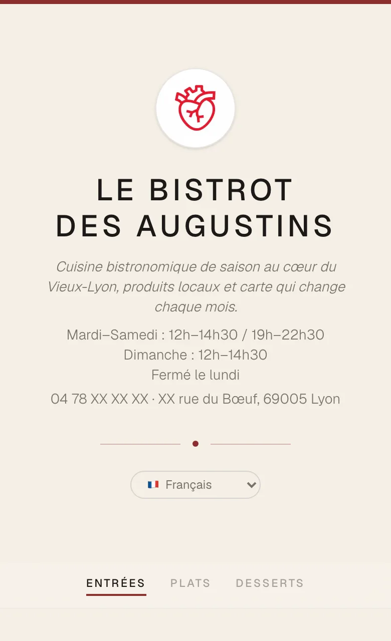 Carte de démo du Bistrot des Augustins, robe Signature
